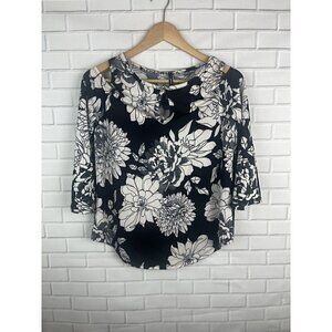 Forever Jade Cold Shoulder White Black Floral 3/4 Shirt Blouse Womens Small